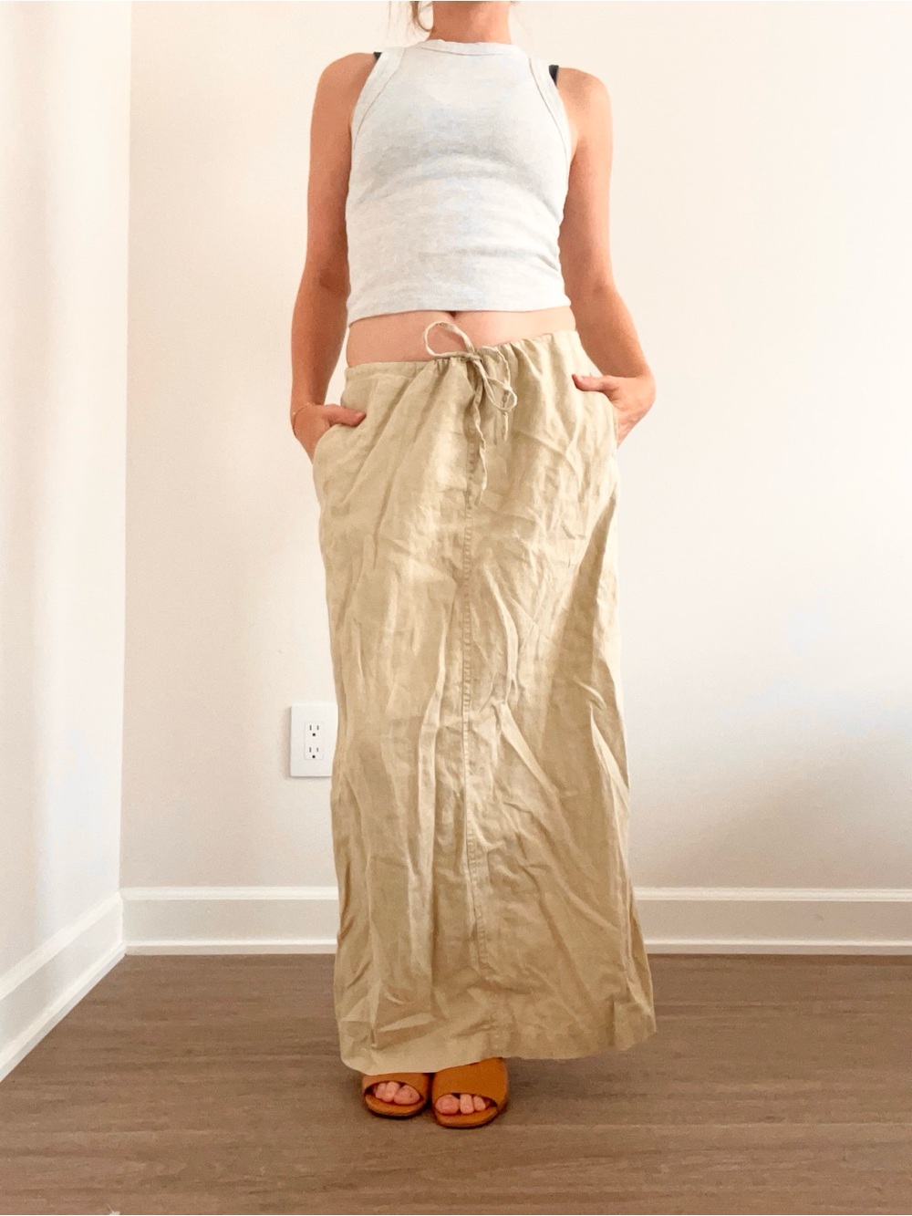 Vintage Old Navy Light Khaki Linen Drawstring Maxi Skirt